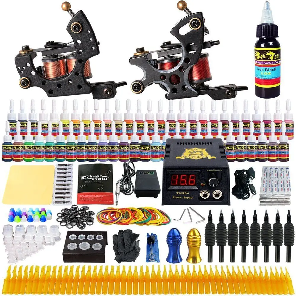 

Beginner Tattoo Kit 2 Pro Machine Guns 54 Inks Power Supply Foot Pedal Needles