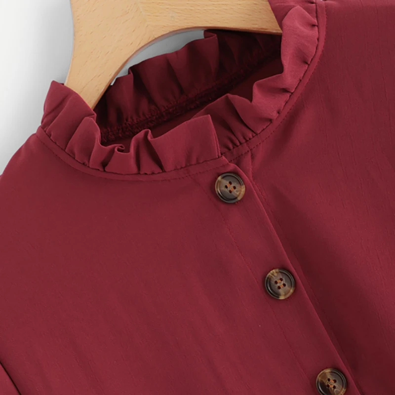 Dotfashion/бордовая однотонная блузка с оборками на пуговицах для женщин; коллекция года; сезон осень; повседневная женская рубашка с воротником-стойкой и длинным рукавом