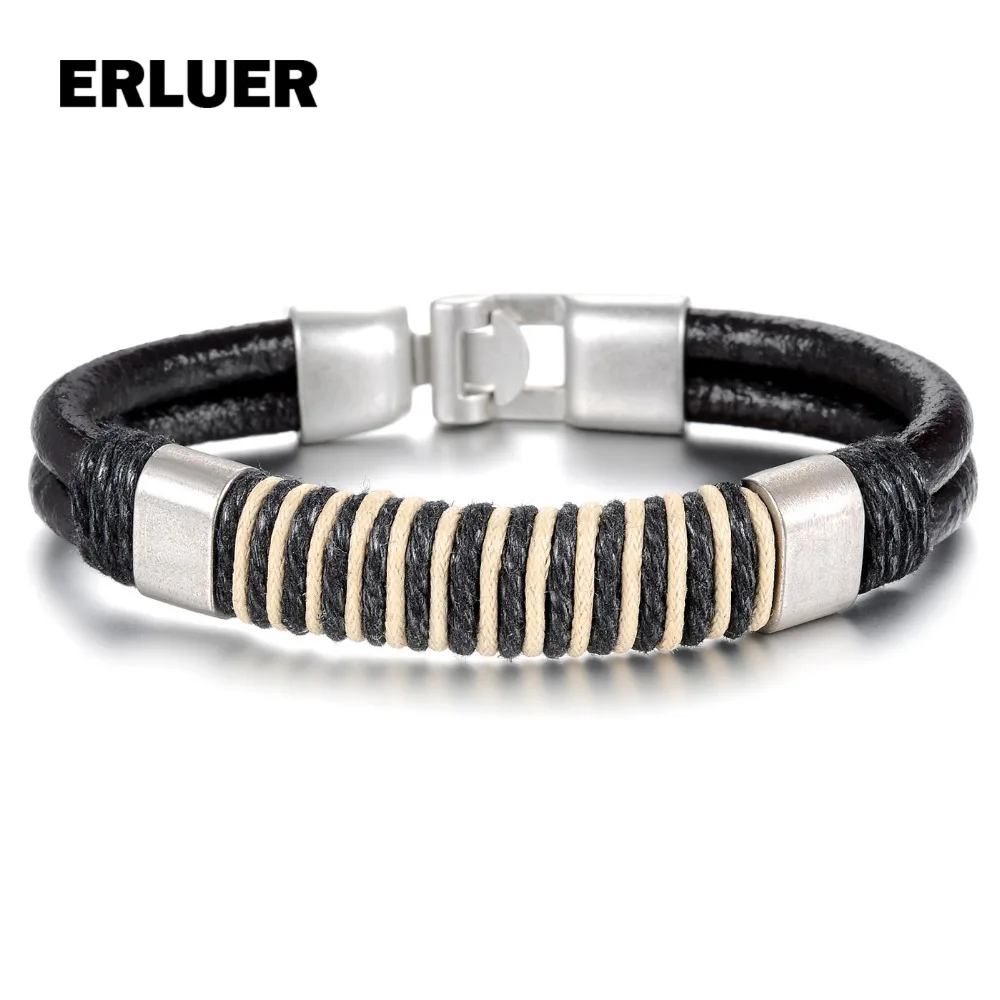 ERLUER Mens Bracelets Stainless Steel Black Leather Bracelet Wristband European Punk Style