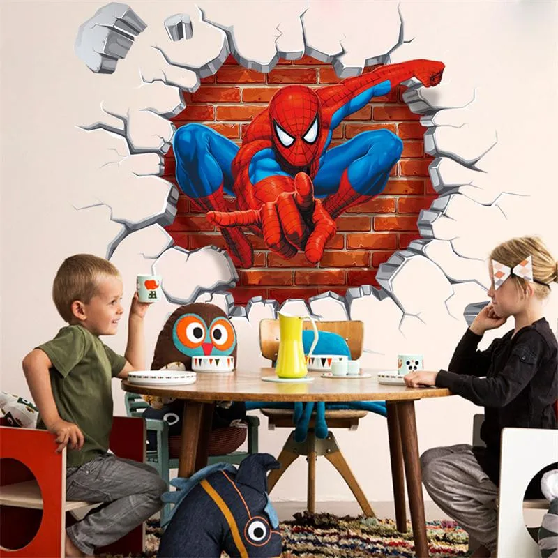 45*50cm hot 3d hole famous cartoon movie spiderman wall stickers for kids rooms boys gifts through wall decals home decor mural