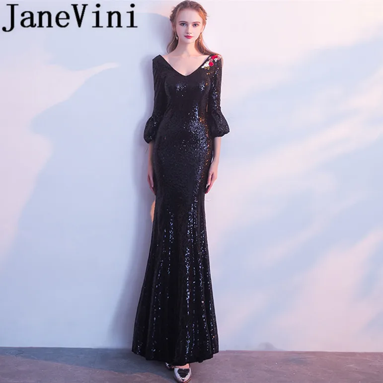 JaneVini 2018 Sparkly Черный Блестки Русалка Длинные платья невесты с рукавами v-образным вырезом спинки фрейлина платья для свадьбы