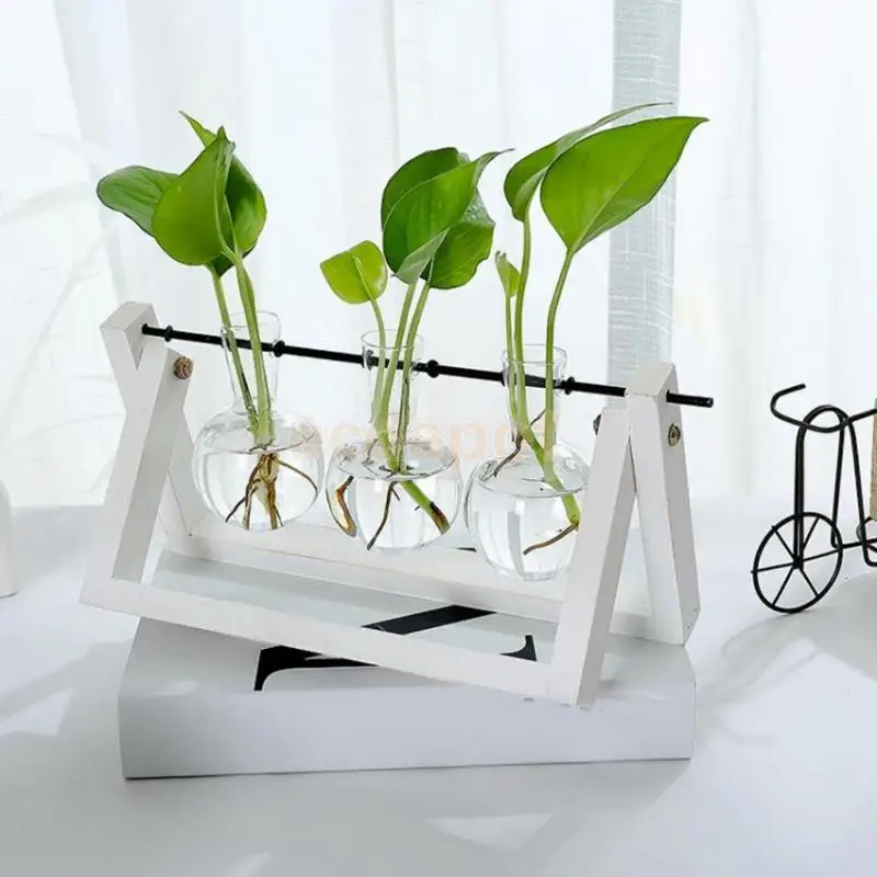 Rustic Wedding Decor Hanging Glass Flower Vase Hydroponic Bottle Container With Wood Tray
