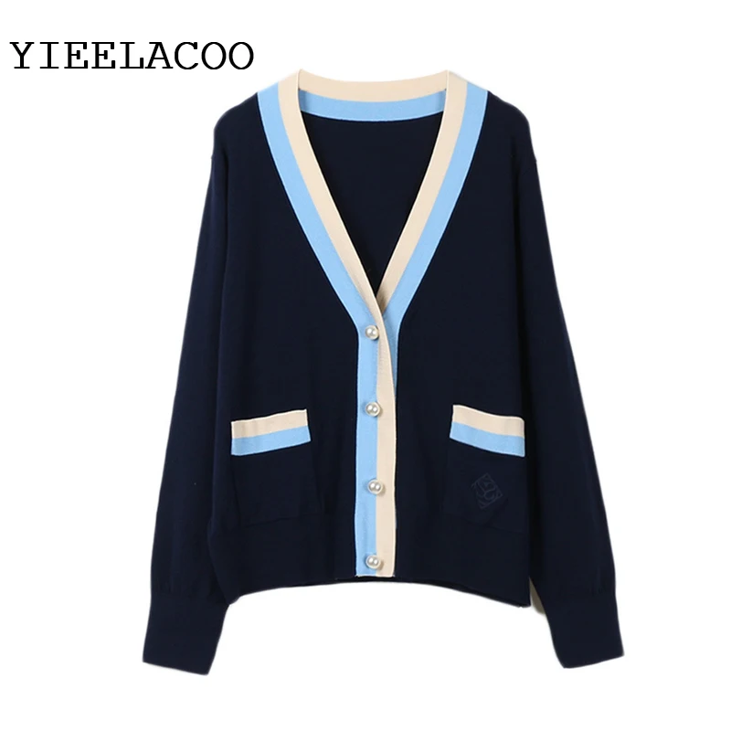 Marine En Tibétain V Cardigan Longues À 2019 Tricot Contraste Tricotée Boucle Perle Manteau Veste Couleur Nouveau De Bleu Printemps Femmes cou Manches UOxUF1