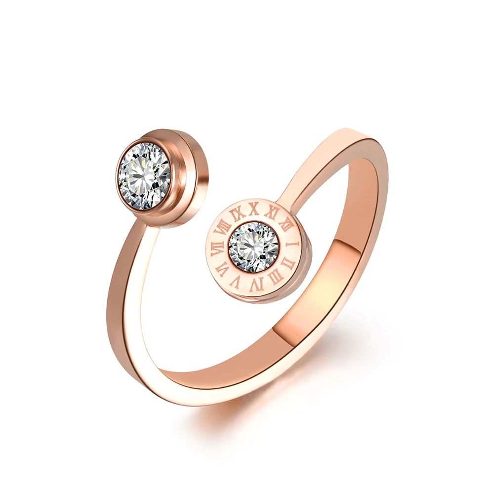 

JeeMango Classic Rose Gold Color Roma Letter Ring Jewelry Trendy Titanium Steel CZ Wedding Rings For Women Anel R18033