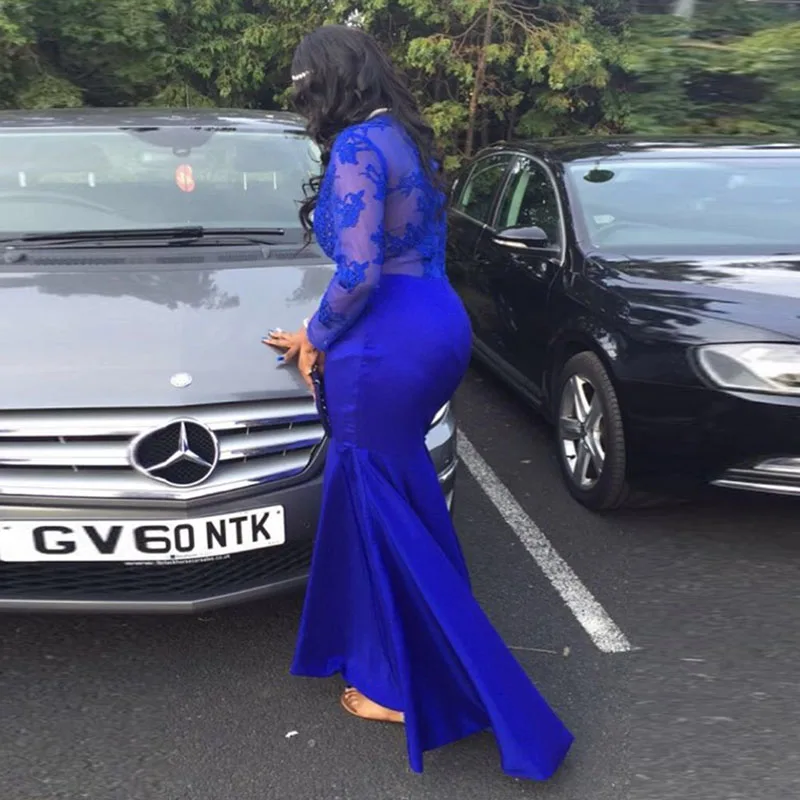 Royal Blue African Mermaid Evening Dresses Long Sleeves Large Size Evening Dress O Neck Illusion Zipper Back Muslim Evening Gown