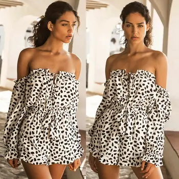 

hirigin Sexy Women Off Shoulder Leopard Print Jumpsuit Trousers High Waist Playsuit Ruffle Sleeve Short Rompers Femme Culbwear