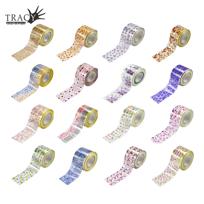 

16 Rolls Colorful Mixed Flower Designs Nail Art Transfer Foil Sticker Holo Nail Foils Clear Paper Nail Salon Accessory TR117