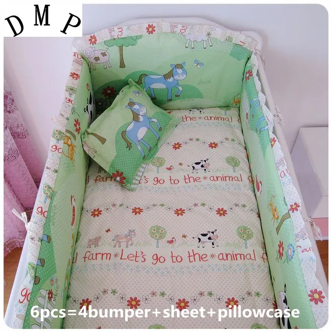 

Promotion! 6pcs Baby 100% cotton crib set bed linen Baby Bedding Sets unpick and wash ,include (bumpers+sheet+pillow cover)