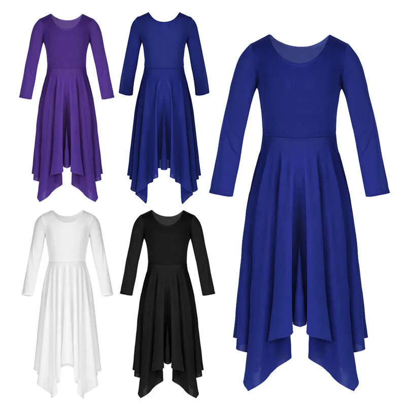 TiaoBug/свободное платье для танцев с длинными рукавами и асимметричным подолом для девочек детские современные костюмы для лирических танцев Детская однотонная Одежда для танцев