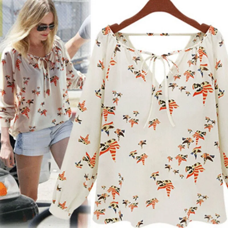 

Women Blouse Shirt Summer 2018 Long Sleeve Chiffon Top Prints Casual Loose Blusa Feminino Plus Size