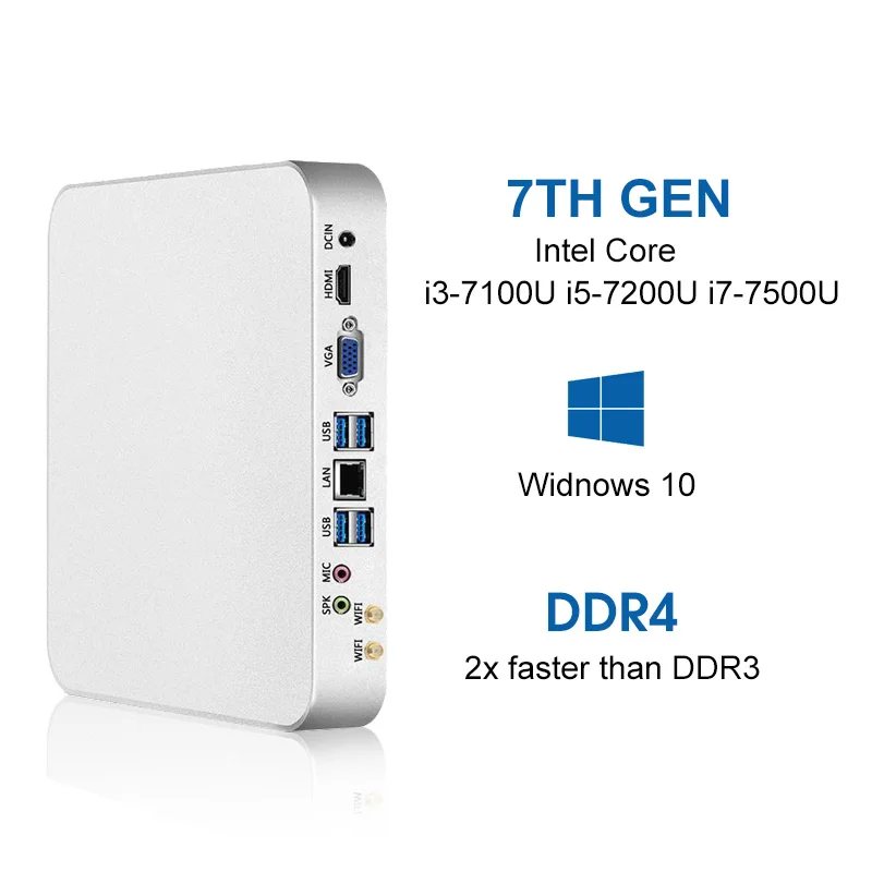 Mini PC i7-7500U i5-7200U i3-7100U 8GB DDR4 240G SSD Windows 10 & 8.1 4K UHD HDMI VGA Dual Display 6*USB 300M WiFi HTPC