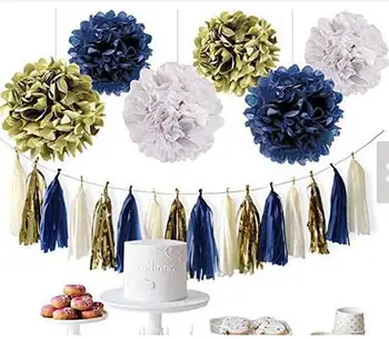 

9pcs Navy Blue Decor Kit, Hanging Pom Pom Flowers, Tissue Paper Tassel Garland, for Nautical Baby Shower Bridal Shower Wedding