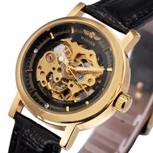 GAGNANT Femmes Classique D’affaires Mechancial Montre-Bracelet Bracelet En Cuir Squelette Mouvement Mécanique-main-vent