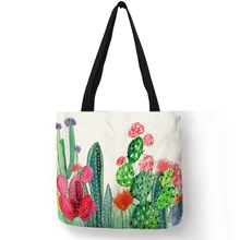Модная дама Tote Сумка акварельные красивые картины с кактусами ручные сумки эко льняная женская школьная офисная многоразовая сумка на плеч...(China)