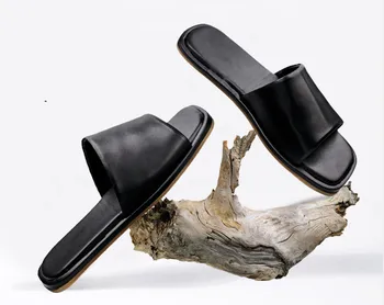 

Square Toes Genuine Leather Men Peep Toes Holiday Beach Slippers Summer Breathable Simple Comfortable Trend Moccasins