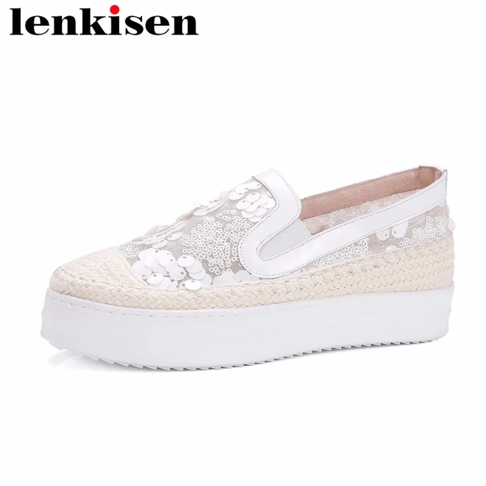 

Lenkisen slip on genuine leather air mesh thick med bottom round toe solid simple style big size women vulcanized cozy shoes L48