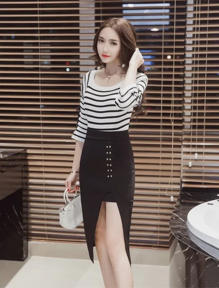 MSSNNG 2018 Slim split high waist bag hip skirt long skirt elegant professional skirt step skirt (18)