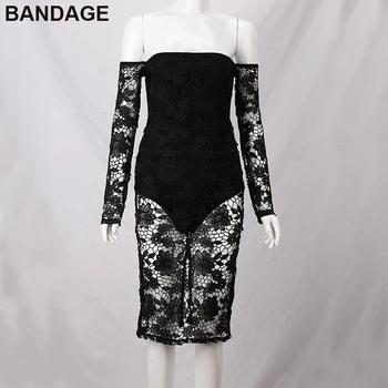 

Summer Long Sleeve Off Shoulder Sexy Black Lace Transparent Bodycon Dress Bandage Dresses 2019 Bodycon Women for Evening Party