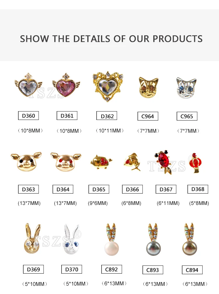 10pcs/lot New Year Feature Alloy Heart Fish Pig Rabbit Cat Head Nail Art 3d Jewelry Rhinestones Nail Tips Decorations