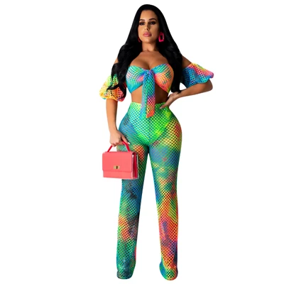 Adogirl/комплект из двух предметов с принтом «Tie Dye», с вырезами, с сеткой, с завязками спереди, без бретелек, с открытыми плечами, короткий рукав, укороченный топ, широкие штаны, костюм - Цвет: blue two piece set
