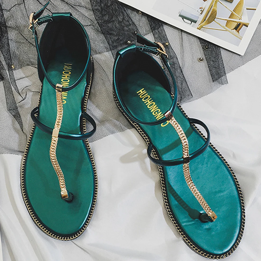 Sexy Women Comfortable Low Heels Sandals Gold Metal Glitter Summer