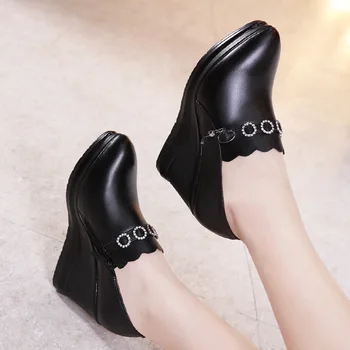 

Deep Mouth Split Leather Shoes Black Platform Shoes High Heels Fashion Crystal Dance Shoes For Ladies Women's Pumps Wedge Shoes