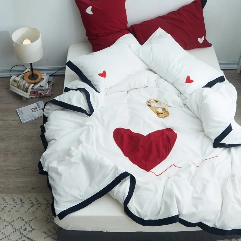 2018 Washed cotton Bedding Set Heart pattern king queen twin size fit