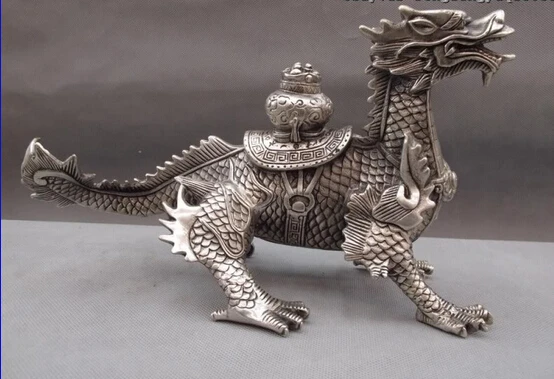 

S0068 China Palace White Copper Silver Feng Shui Evil wealth beast Kirin Dragon Statue D0318