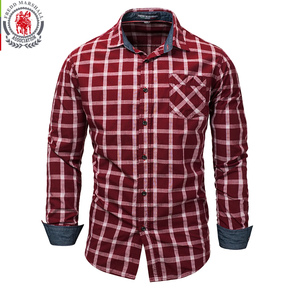 Fredd Marshall, новая мода, мужская клетчатая рубашка с длинным рукавом, рубашка в клетку, повседневные мужские деловые рубашки, хлопок, 151