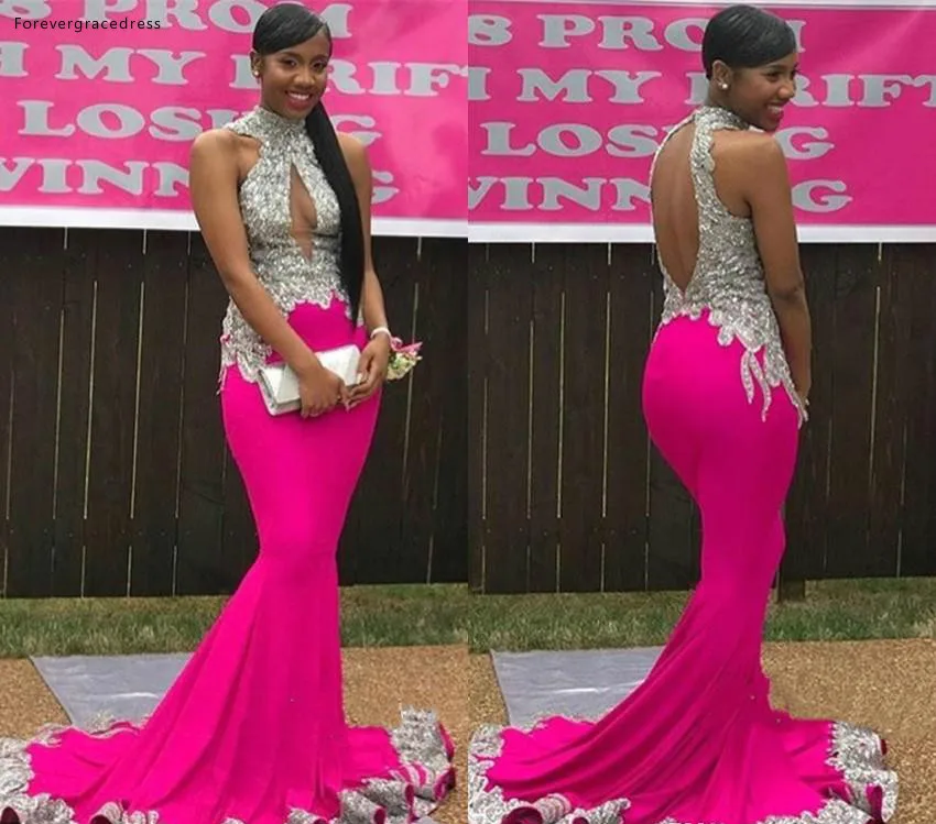 

Fuchsia Prom Dresses South African Black Girls High Neck Formal Pageant Holidays Wear Graduation Evening Party Gowns Custom Made