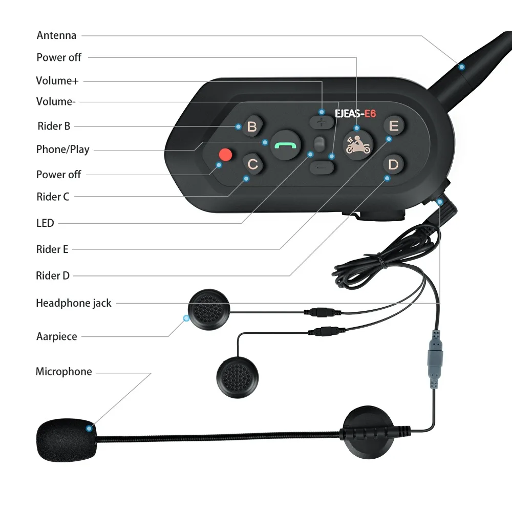 2 шт EJEAS E6 Multifunctio мотоцикл домофон VOX BT гарнитура шлем домофон Bluetooth домофон для 6 гонщиков 1200 м коммуника