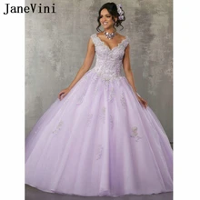 JaneVini принцесса Элегантные Длинные Пышные Платья V шеи кружево с аппликацией и бисером Пышное Тюлевое бальное платье vestidos De 15 Anos