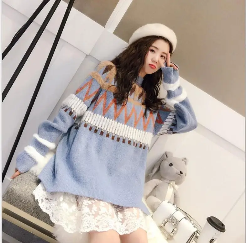 Sweet Winter Autumn Women Sweater Pullovers O-Neck Long Sleeve Loose Female Knitted Tops Jumper Elastic Soft Warm CQ2749