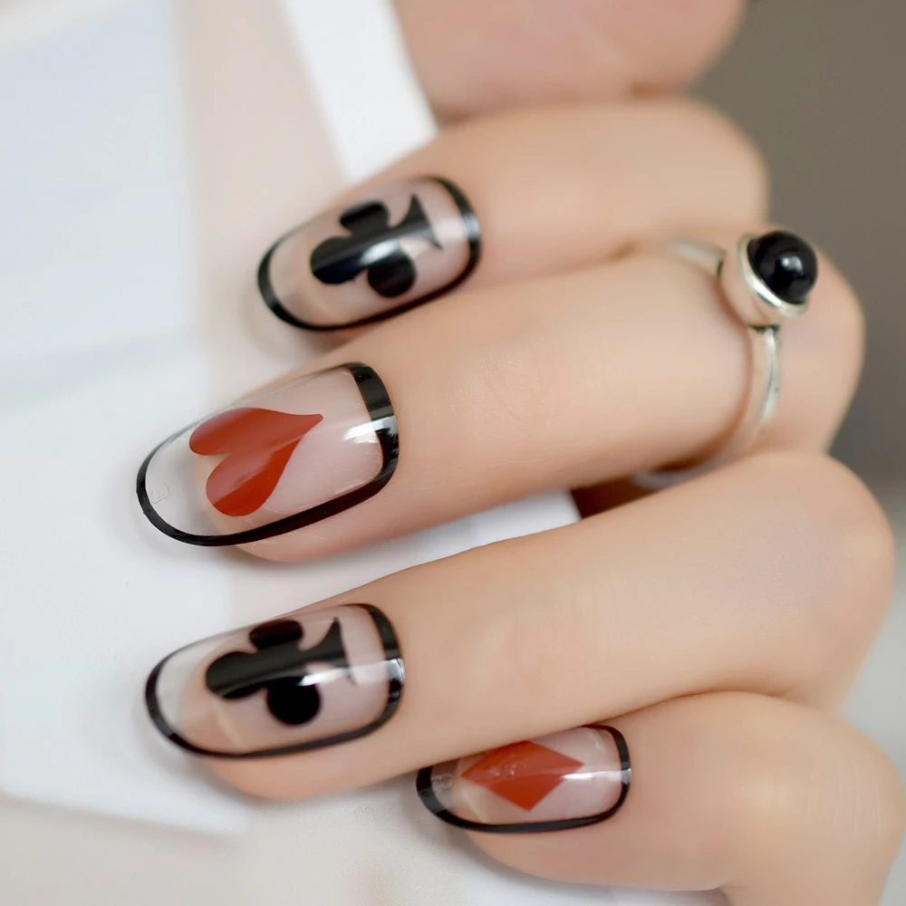 Poker Black Lace Decals False Fake Nails Playing Cards Design Manicure Nail Art Decoration Red Heart Spade Pattern faux ongles