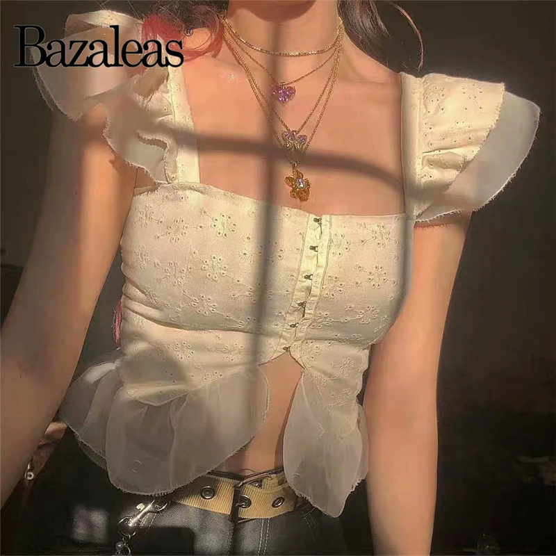 

Bazaleas England Center Buttos womens cropped Vintage White Lace Women T-shirt Fashion Hollow Out tshirt Crop Top Women T shirt