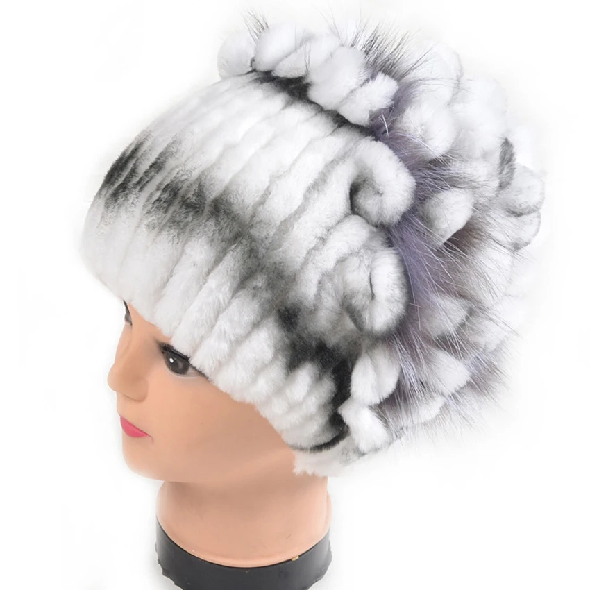 Hot Sales Winter Beanies For Women 5 Colors Stripes Real Rex Rabbit Fur Hats With Fur