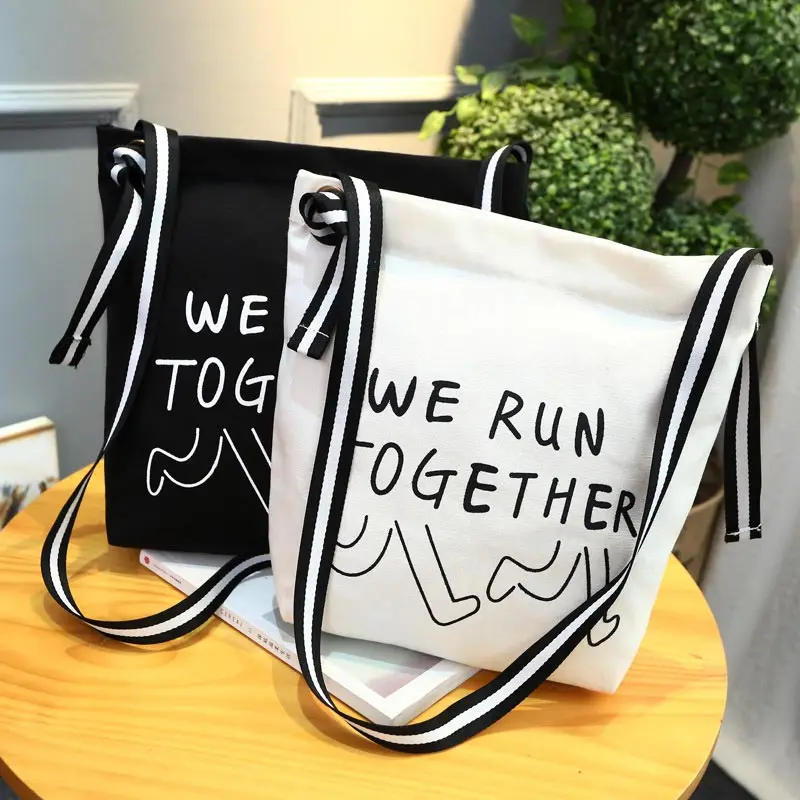 Fashion Korean Women Shoulder Bag Canvas Letter Printed Striped Strap