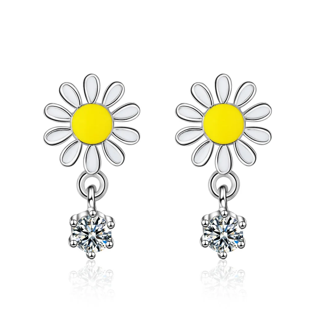 

New Arrival 925 Sterling Silver Daisy Earrings For Women Spring Jewelry Epoxy Sun Flower Zircon Tassel Earrings Oorbellen Gift