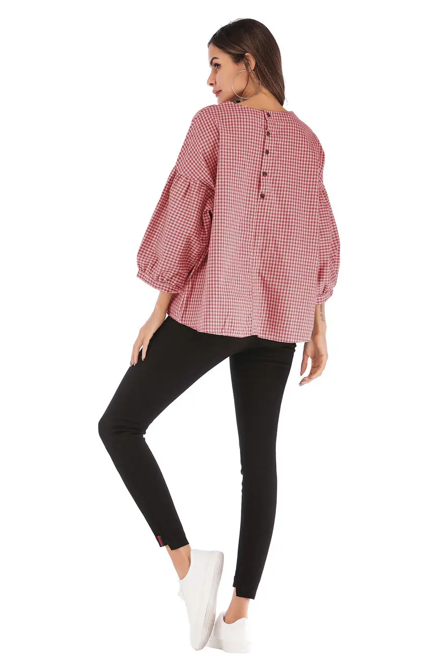 Gladiolus New 2019 Spring Plaid Shirt Women Puff Sleeve O Neck Button Loose Blouse Women Shirts Summer Casual Ladies Shirt Tops (14)