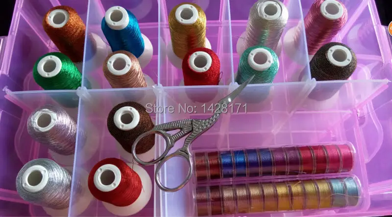 

Nice kit with polyester & rayon& metallic & bobbin & glow embroidery thread & scissors with DHL free shipping!!
