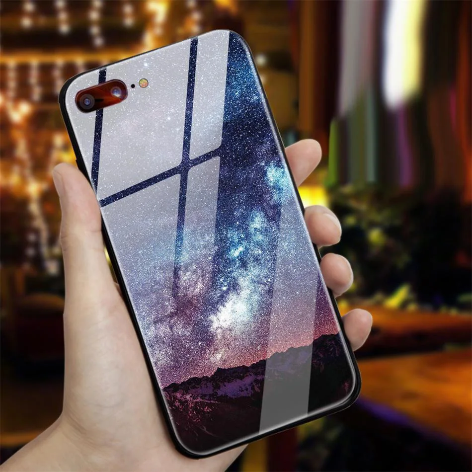 TOMKAS Temper Glass Case For iPhone X 8 7 6 6s Plus Cover Phone Cases For iPhone X 8 7 6 s Case Silicone TPU PC Star Sky Pattern (4)