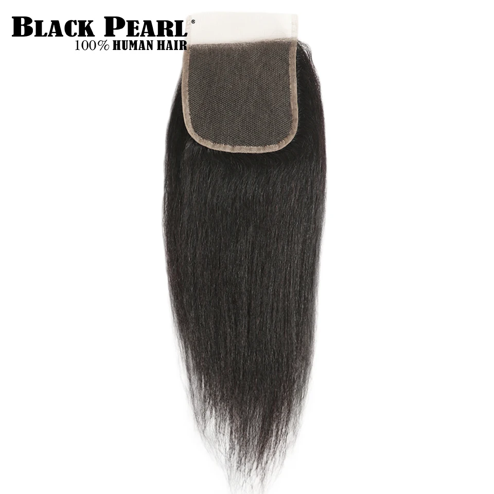 

``Black Pearl 100% Brazilian Human Hair Yaki Straight 8-20 Inch 4*4 Lace Closure Natural Color Non- Remy Hair Weaving 1PC/Lot