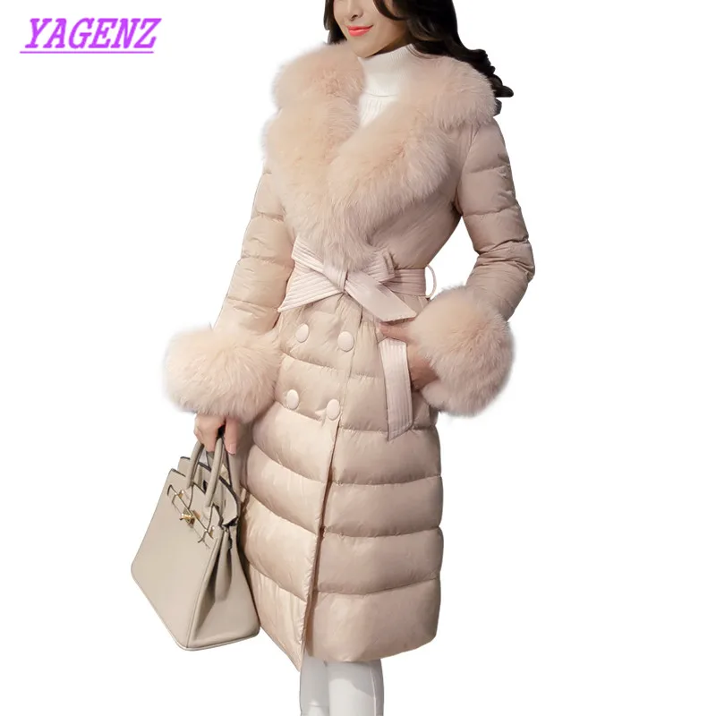 

NEW Winter warm Women Long Down cotton Jacket Upscale Fox fur collar Cotton outerwear Noble lady Best quality overcoat Gray B178
