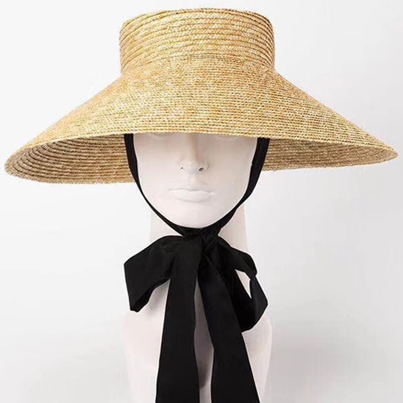 

2018 Newest Fashion Women Trapeziform Straw Bucket Hat high-grade Flat Top Sun Hat Large Brim with Lacing Strap prevents wind