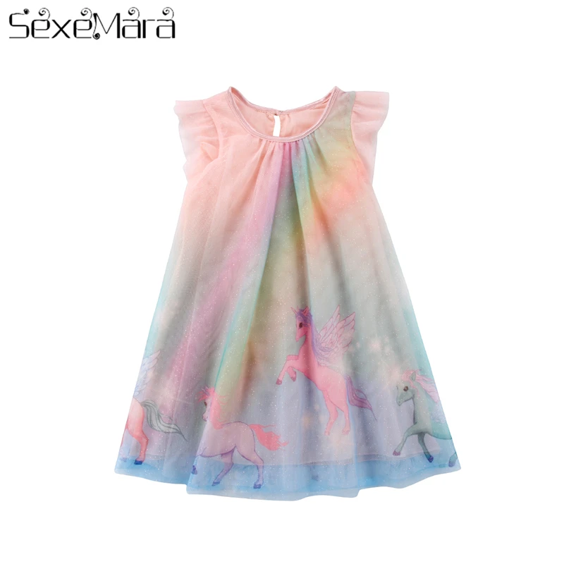 

2018 Unicorn Baby Girl Dress Mesh Colourful Tulle Party Fancy Dress Summer Cute Clothing