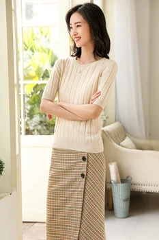 

2019 New Arrival Women's Short Sleeve Sweater Solid Cotton Wool Blend Slim Style Pullover Knitwear High Quality Free Shipping