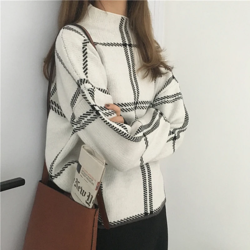 

Autumn Winter Plaid Women Sweater Soft Loose Turtleneck Long Sleeve Pullover Knitted Causal Elegant Sweater Female Women Clothes