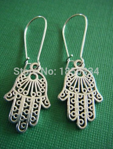 

50Pair Fashion Ancient silver Hamsa Fatima hand Charms Dangle Earrings For Women With Gift Box DIY Findings Jewelry Z110