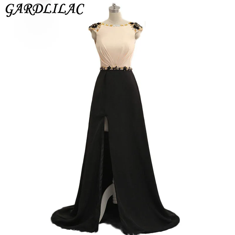 

New Real Slit Long Evening dress 2017 Chiffon Champagne Black Beads Prom Dresses Robe de soiree Formal Party dresses