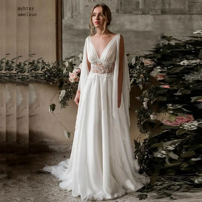 

Cheap Beach Wedding Dress 2019 Cap Sleeve Chiffon Appliques Lace Princess Bride Dress Arabic Wedding Gown Vestido De Noiva China
